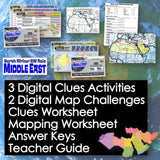 Educational materials for Middle East geography with maps and text on a world map background.