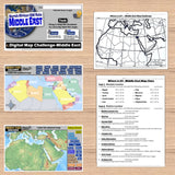 Educational materials on the Middle East including maps and labels on a wooden surface.
