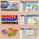 Educational materials on a wooden surface, including maps and text about Google and Microsoft compatibility.