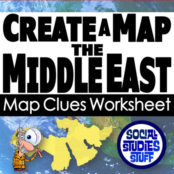 Worksheet cover for 'Create a Map of the Middle East' with a map and cartoon character on a blue background.