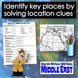Map activity for identifying key places in the Middle East with a cartoon detective and map materials.