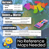 Educational map of the Middle East with labeled bodies of water, nations, and landforms.