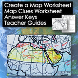 Map worksheet with labeled regions and text on a world map background