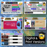 Educational materials on social studies themes with colorful text and graphics.