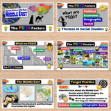 Educational posters and slides on social studies topics displayed on a wooden surface.