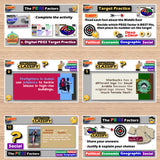 Educational software interface with various educational activities on a wooden background