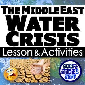 Title card about the Middle East water crisis with text and images of a cracked earth and a globe.