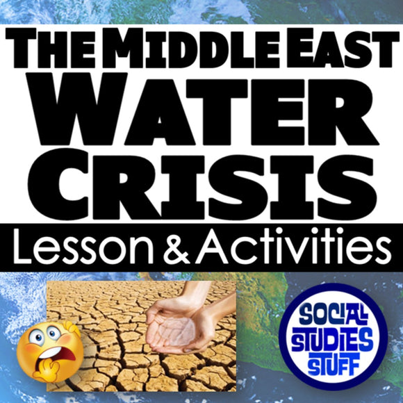 Title card about the Middle East water crisis with text and images of a cracked earth and a globe.