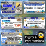 Educational materials on the water crisis in the Middle East with various interactive elements.