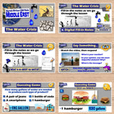 Educational materials on the water crisis with various activities and questions displayed on a wooden surface.