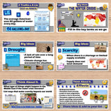 Educational posters on water crisis, drought, and scarcity on a wooden surface.