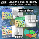 Educational materials on map skills including a map of the Midwest, labels for bodies of water, landforms, and states.