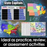 Educational material on state capitals with maps and practice sheets.