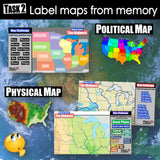 Collection of maps labeled 'Political Map' and 'Physical Map' on a blue background with a cartoon character.