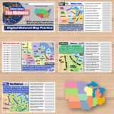 Educational materials on a wooden surface including maps and worksheets about the Midwest region.