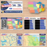 Educational materials on a wooden surface including maps and digital challenge cards.