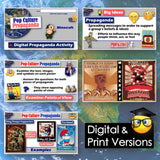 Educational posters on pop culture propaganda with Minecraft theme, digital and print versions.
