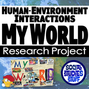 Promotional graphic for a 'My World' research project on human-environment interactions with a cartoon character and world map background.