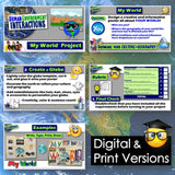 Educational materials for a project on 'My World' with various sections and examples.