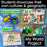 Educational materials for a world geography project with maps and student projects.