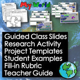 Educational materials with 'My World' branding on a world map background.