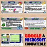 Educational poster with steps for a geography project, featuring Google and Microsoft compatibility text.