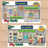 Educational posters with 'My World' theme on a wooden surface