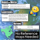 Educational poster about bodies of water, landforms, and nations with a map background.