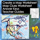 Map worksheet with labeled continents and oceans, answer keys, and teacher guides on a blue background.