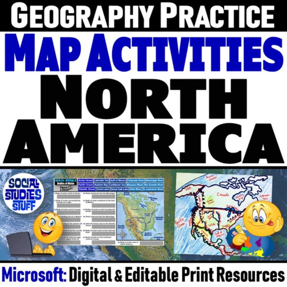 North America Geography & US Mexico Canada Map Skills Activities - MS Digital Resources