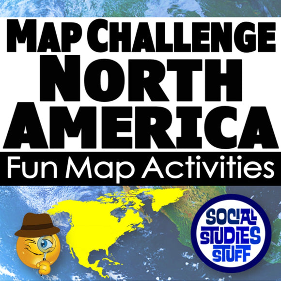 Promotional graphic for 'Map Challenge North America' with a map of North America and text about fun map activities.