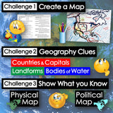 Educational materials for geography with maps, text, and emojis on a world map background.