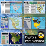 Educational maps of North America with digital and print versions text overlay.