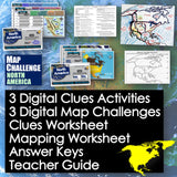 Educational materials for map challenges and activities on a world map background
