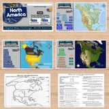 Educational materials on a wooden surface including maps and worksheets about North America.