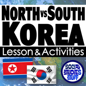 Title card for a lesson and activities on North vs South Korea with flags and 'Social Studies Stuff' logo.