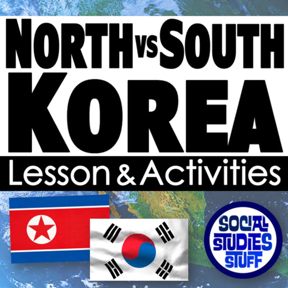 Title card for a lesson and activities on North vs South Korea with flags and 'Social Studies Stuff' logo.