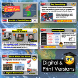 Educational materials about North and South Korea on a world map background.