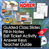 Educational materials for North vs South Korea on a map background with digital tools and activities.