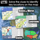 Educational materials on bodies of water, landforms, and states with a map background.
