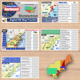Educational materials on a wooden surface including maps and text about the United States Northeast region.