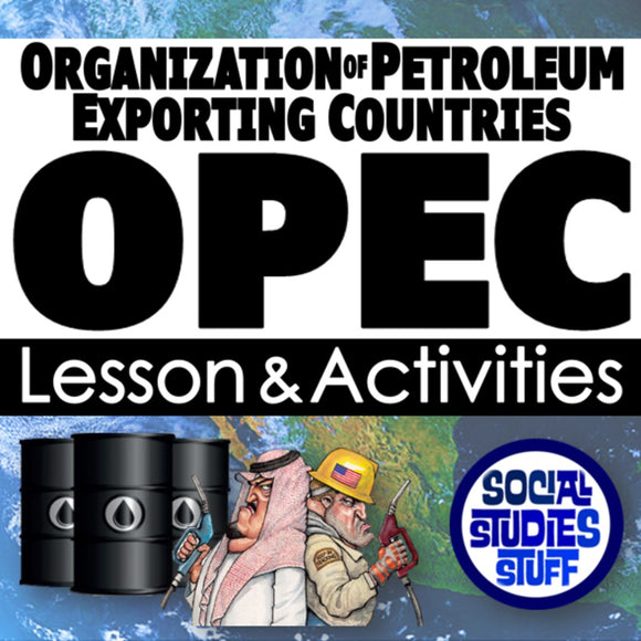OPEC lesson and activities with cartoon characters and barrels on a blue background