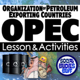 OPEC lesson and activities with cartoon characters and barrels on a blue background