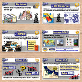 Educational posters on oil economics and reserves displayed on a wooden surface.