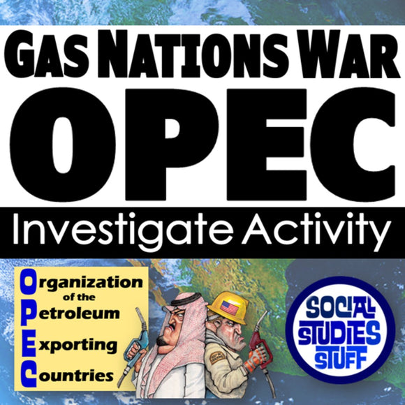 Cartoon with two figures, one labeled 'OPEC' and another with a helmet, set against a blue background with text about OPEC and an investigate activity.