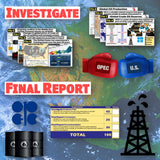 Collage of oil industry elements with 'Investigate' and 'Final Report' text on a world map background.