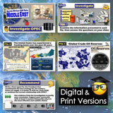 Educational materials on digital and print versions with maps and text about OPEC and crude oil reserves.