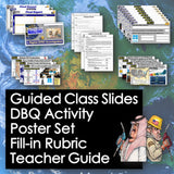Educational materials including slides, posters, and rubrics on a world map background.