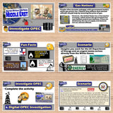 Educational materials on a wooden surface with various graphics and text related to oil and energy.