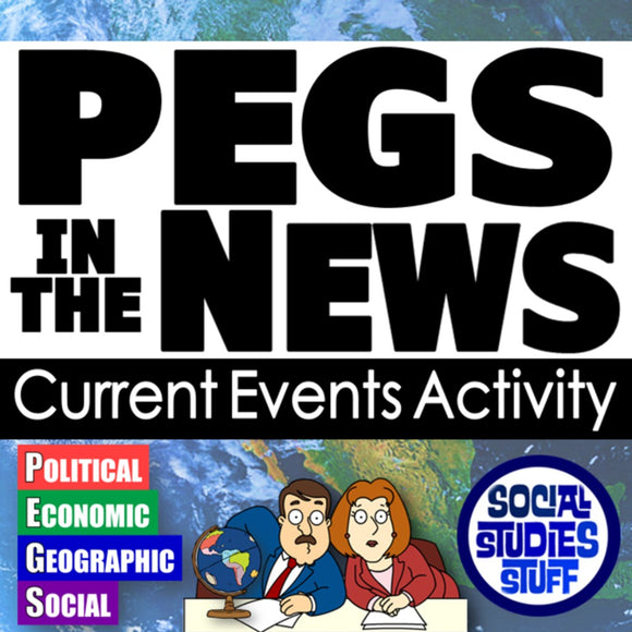 Title card for 'PEGS in the News' current events activity with cartoon characters and world map background.